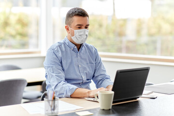 Poster - quarantine, remote job and pandemic concept - middle-aged man wearing face protective medical mask for protection from virus disease with laptop computer working at home office