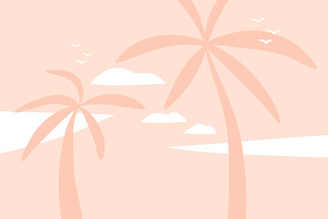 Hand drawn vector abstract stock flat graphic illustration with sundown view scene on the beach and palm trees isolated on pink pastel background