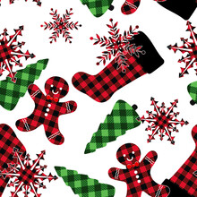 ..Buffalo Plaid Christmas Seamless Pattern. Checkered  Christmas  Stockings, Snowflakes, Gingerbread Men And Christmas Trees On A White Background. Festive Vector Illustration.