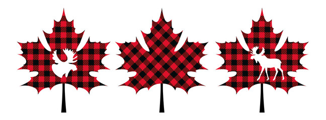 .buffalo plaid set of maple leaves with moose silhouettes. isolated design elements on a white backg