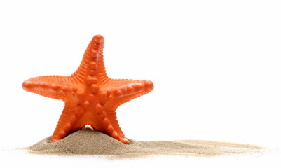 Plastic starfish in sand pile isolated on white background