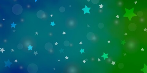 light blue, green vector layout with circles, stars. illustration with set of colorful abstract sphe