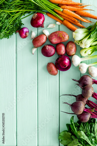 Set of vegetables. Carrot and beet with tops, potato, garlic top view copy space © 9dreamstudio