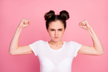 Poster - Close-up portrait of her she nice-looking attractive charming lovely strong desperate funny girl showing muscles working out isolated over pink pastel color background