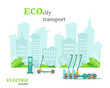 Eco city transport. Electric scooter at charging station. Electric scooter rental. Green environment concept. Vector illustration in flat style.