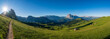 © Martin - Epic mountainlandscape in Puez Odle, Dolomiti / Dolomites Alps in Italy, Seceda area, with Sass Rigais in background, small traditional cottages in green meadow and hiking trail path. Active vacation.