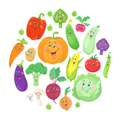 Wall Mural - A set of funny vegetables in a circle. In cartoon style. Isolated on white background. Vector flat illustration