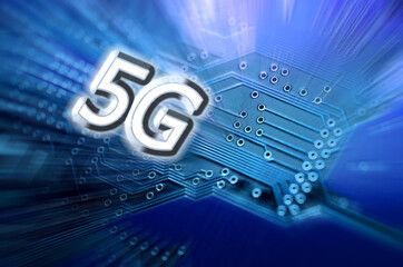 5G word on blue circuit, microcircuit. 5G network communication on modern circuits, high speed mobile internet and next generation network technology.