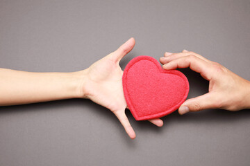 Wall Mural - view from the top at male and female hand is holding together red heart isolated on gray background with copy space