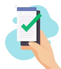 Poster - Approved and confirmed document file check online on person mobile phone or quality control of text writing and creating icon flat cartoon, smartphone digital accepted or certified license form
