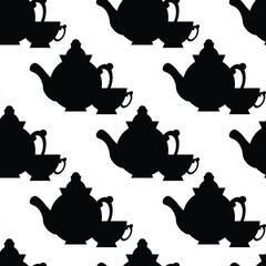 White seamless pattern with black silhouettes of a teapot and cups for tea