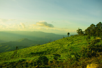 Wall Mural - sunset and mountains interspersed with green grass