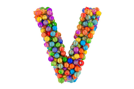 Letter V from colored Christmas balls. Xmas balls font, 3D rendering