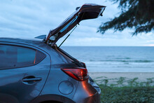 Open The Hatchback Door With A Sea View. Travel, Lifestyle