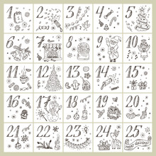 Christmas Advent Calendar. Hand Drawn Doodle Christmas Characters And Decorations. Holiday Set