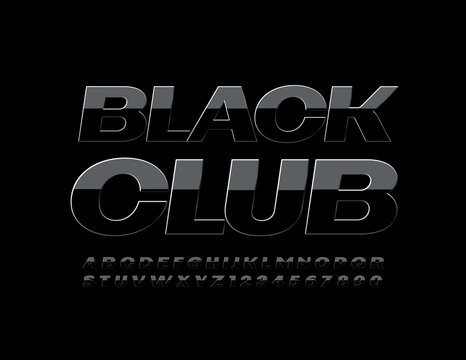 Vector luxury banner Black Club. Glossy modern Font. Reflective elite Alphabet Letters and Numbers
