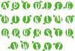 © Kolorowo.online - Green eco-friendly alfbet. Letters in circles with a leaf as a stamp.
