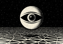 Retro Dotwork Landscape With 60s Or 80s Styled Alien Robotic Space Eye Over The Desert Planet On The Background With Old Sci-fi Style
