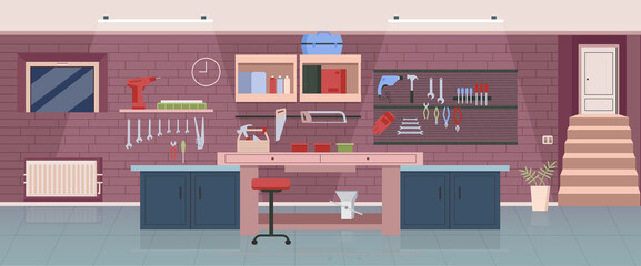 Poster - Carpenter workshop flat color vector illustration