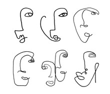 Set Of Abstract Human Faces One Line Fine Art Isolated On White Background. Vector Illustration In Hand Drawn Style