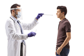 Sticker - Male doctor with a face shield taking a cotton swab test for corona virus from a teenager