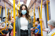 Enterprising young woman wearing a face mask travelling on public transport during rush hour. Selective focus. New normal concept.