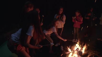 Wall Mural - Teens roasting marshmallows on campfire.