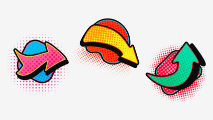 Poster - Pop art arrow set. Modern graphic design of pointers in comic setting red guide green wriggling abstract halftone design form cartoon navigation symbol moving color vector thought.