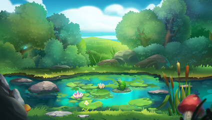 Fantasy Swamp in the Forest Moring, Video Game's Digital CG Artwork, Concept Illustration, Realistic Cartoon Style Background