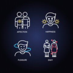 Poster - Positive and negative emotions neon light icons set. Human feelings, behaviour, mood signs with outer glowing effect. Affection, happiness, pleasure and envy. Vector isolated RGB color illustrations