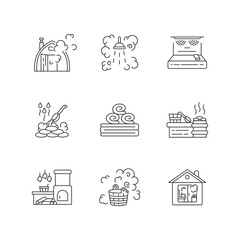 Sticker - Bathhouse pixel perfect linear icons set. Finnish sauna, russian steam bath customizable thin line contour symbols. Healthy recreation. Isolated vector outline illustrations. Editable stroke