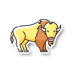 Sticker - Bison patch. North American fauna, herbivore animal, endangered species. Cattle farm, domestic livestock RGB color printable sticker. Large buffalo vector isolated illustration