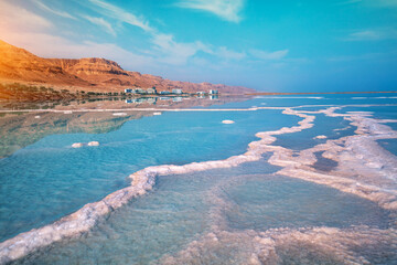 Fototapete - Dead sea salty shore. Beautiful seascape. One and only sea. Tropical landscape. Summertime. Unique amazing nature of Israel