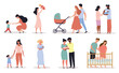 © 100% HAND-CRAFTED - Eight different scenes depicting Motherhood showing parents with babies and mothers with kids, colored vector illustration