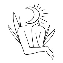 Woman With Moon In Her Head. Mysterious Lady Art. Vector Hand Drawn Line Minimalist Illustration In Boho Style. Yoga, Meditation, Zen.
