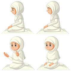 Set of different arab muslim girl in traditional clothing in praying position isolated on white background