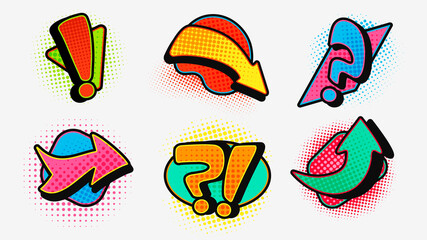 Poster - Pop art question with exclamation arrow set. Modern graphic design of pointers sudden shock in comic setting red guide green wriggling halftone design form cartoon navigation moving vector thought.