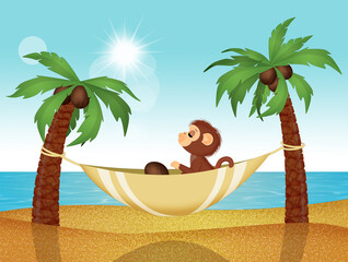 Sticker - illustration of monkey on hammock between palm trees