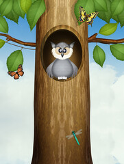 Sticker - owl in the tree trunk