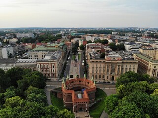 Wall Mural - Aerial photo from drone. The culture and historical capital of Poland. Comfortable and beautiful Krakow. The land of Legend. Amazing sunset capture.