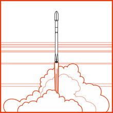Rockets Space Crafts Vector Rocket Launching. Vector Poster Spaceship, Flame And Steam White Background Red Black Line Art. Vertical Space Poster. Spaceship Cartoon Art, Retro Style Illustration.