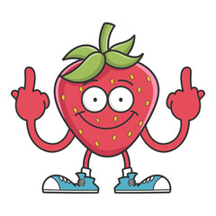Wall Mural - Strawberry cartoon giving the middle fingers