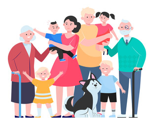 Wall Mural - Big family concept. Happy children, mother, father, grandpa, grandma and pet standing together. Vector illustration for cute family portrait, love, togetherness topics