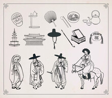 Set Of Korean Traditional Objects. People Wearing Korean Traditional Clothes(Hanbok). Vector Illustration. 