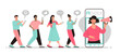 Blogger promotion concept with an announcement being made on a mobile phone over a megaphone and queue of people with chat icons, colored vector illustration