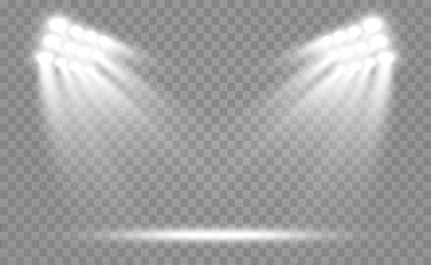 Poster - Stadium floodlights brightly illuminate evening or night sports games, concerts, shows, events. Isolated on a transparent background. Arenas of bright spotlights. Bright lights. Illuminated scene.