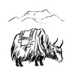 Nepalese bull. Illustration of an animal on a background of mountains.