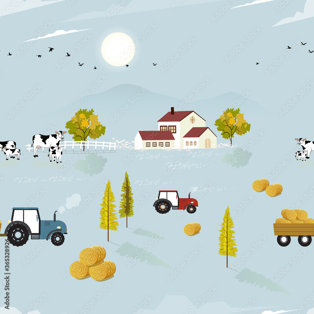Autumn seamless pattern farm fields, house, cow, tractor pine tree and ...