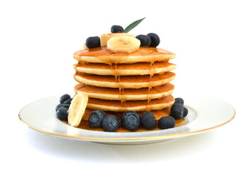 Wall Mural - Stack of pancakes with fresh blueberry on white