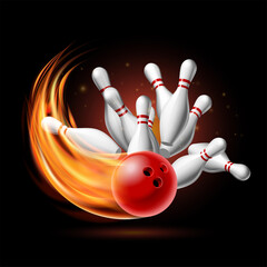 Wall Mural - Red Bowling Ball in Flames crashing into the pins on a Dark Background. Illustration of bowling strike.